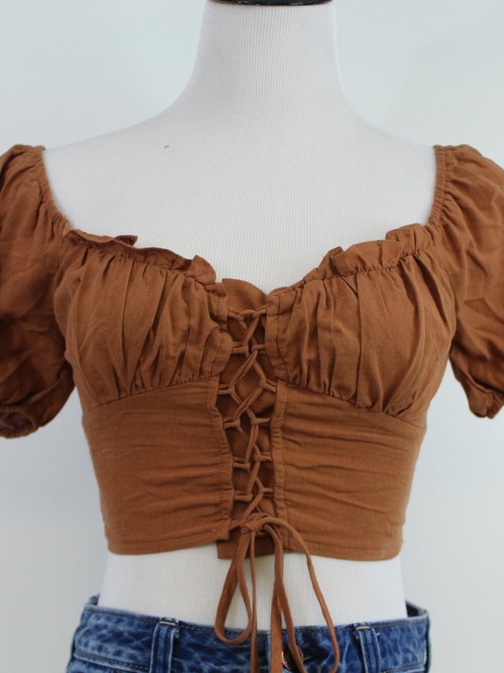 LA Hearts Brown Lace Up Crop Top Puff Sleeve Cottagecore XS